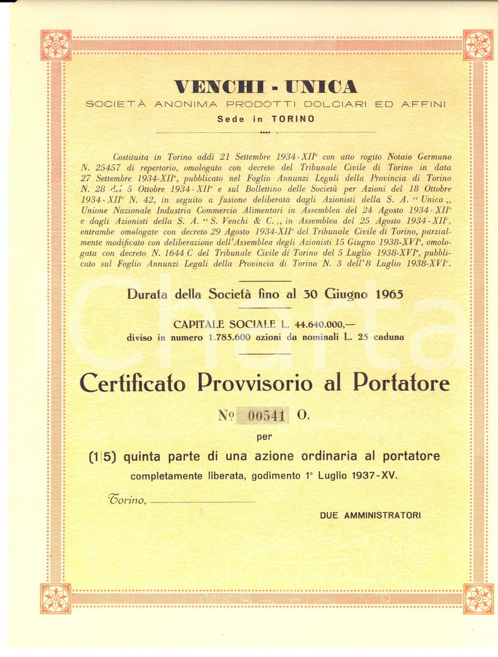 Oggetto da collezione cartaceo 1937 TORINO Ditta VENCHI  UNICA Prodotti dolciari Certificato al portatore 1