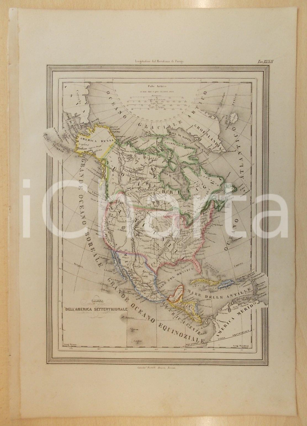 Stampa, bozzetto originale 1864 Atlante Universale  Carta AMERICA SETTENTRIONALE Ed. GUIGONI Tav. XXXII 1
