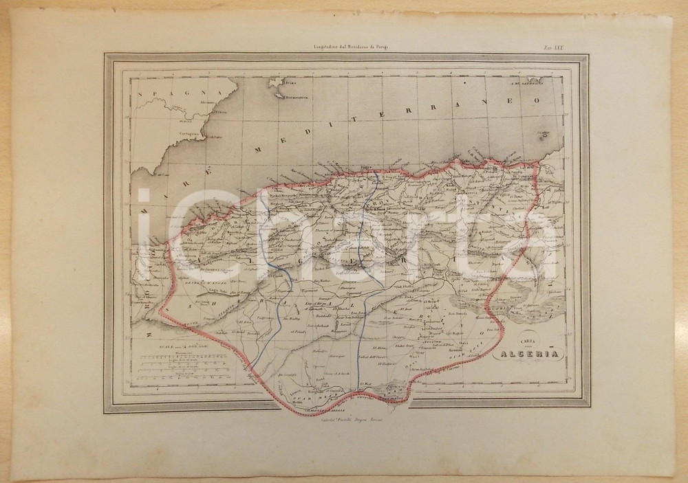 Stampa, bozzetto originale 1864 Atlante Geografico Universale  Carta dell ALGERIA Ed. GUIGONI Tav. XXX 1