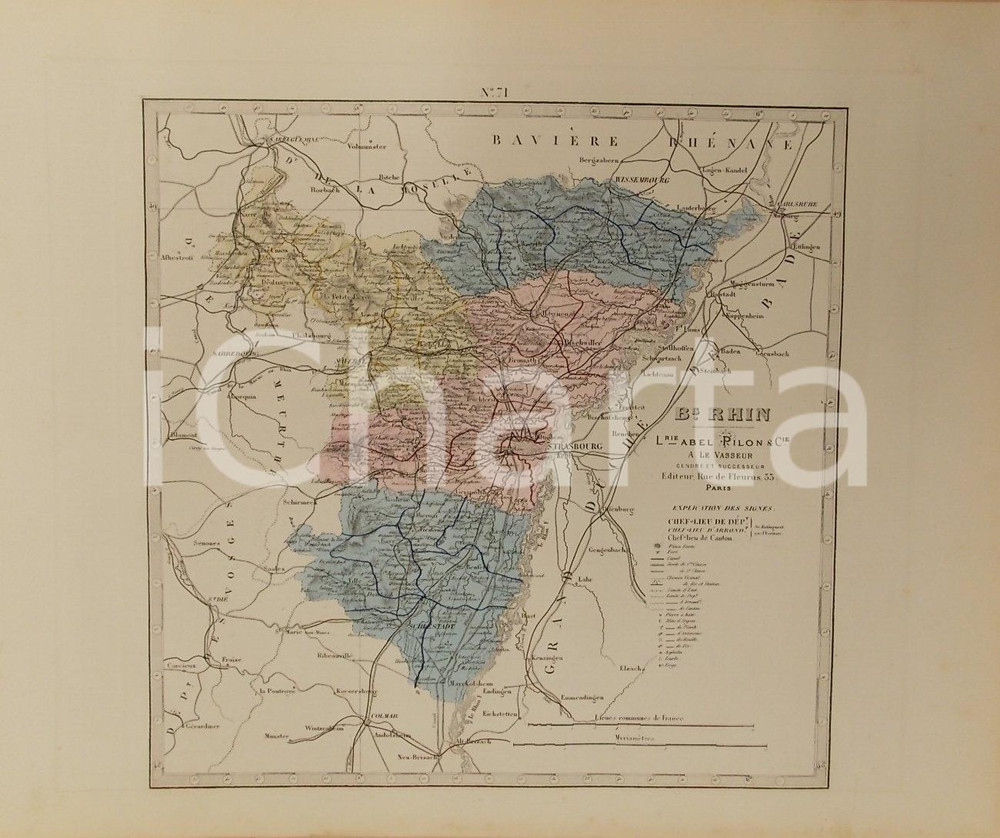 Stampa, bozzetto originale 1870 ca Grand Atlas DÃ©partemental de la France  Bas Rhin PILON Tav. 71 Mappa 1