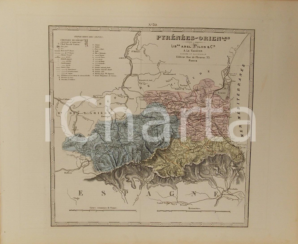 Stampa, bozzetto originale 1870 ca Atlas Départemental de la France  Pyrénées Orientales Ed. PILON Tav 70 1