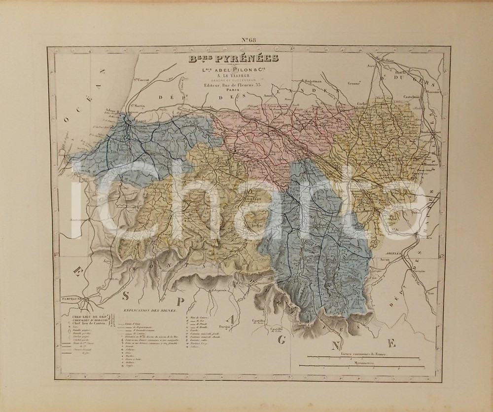 Stampa, bozzetto originale 1870 ca Grand Atlas DÃ©partemental de la France  Basses PyrÃ©nÃ©es PILON Tav. 68 1