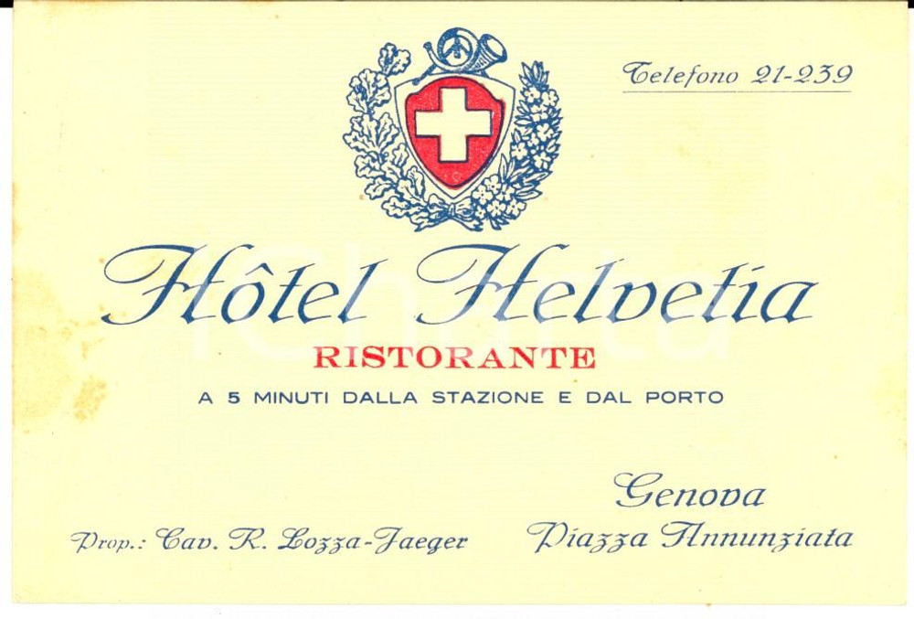 Materiale pubblicitario d’epoca 1950 ca GENOVA Piazza Annunziata HOTEL HELVETIA Cartoncino pubblicitario 1