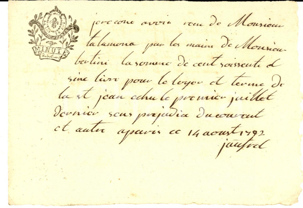 Documento originale, autentico 1792 MILANO Ricevuta a TALAMONI per saldo dell affitto Bollo LA LOI LE ROI 1
