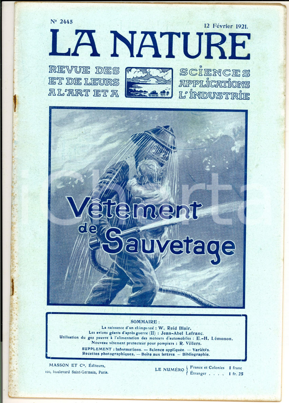 Giornale, rivista storica 1921 LA NATURE Vetement de sauvetage pour pompiers Revue ILLUSTREE nÂ°2445 1