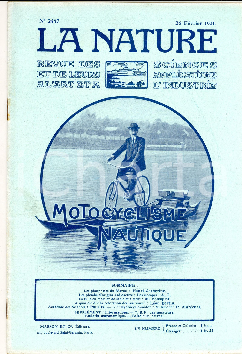 Giornale, rivista storica 1921 LA NATURE Motocyclisme nautique  Revue ILLUSTREE SCIENCE nÂ°2447 1