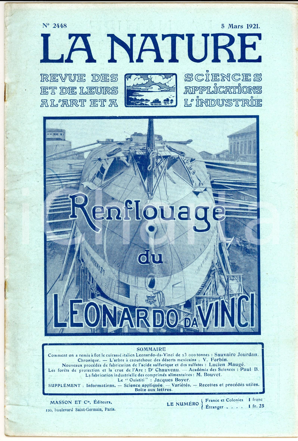 Giornale, rivista storica 1921 LA NATURE Renflouage du LEONARDO DA VINCI Revue ILLUSTREE SCIENCE nÂ°2448 1