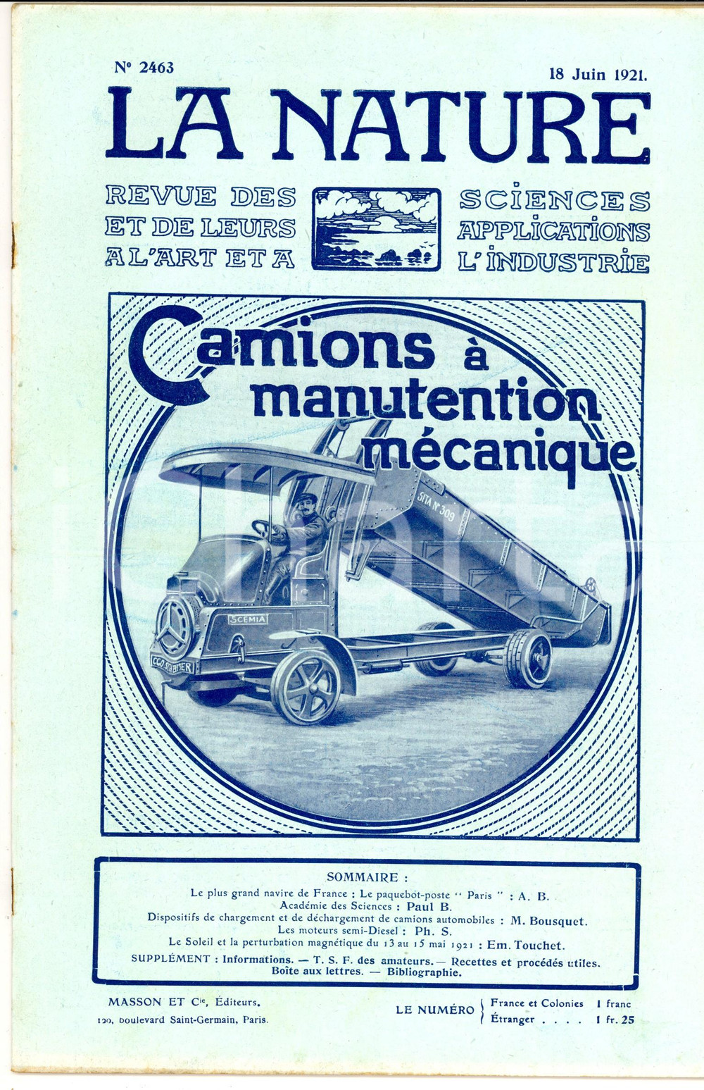 Giornale, rivista storica 1921 LA NATURE Camions Ã  manutention mÃ©canique Revue ILLUSTREE SCIENCE nÂ° 2463 1