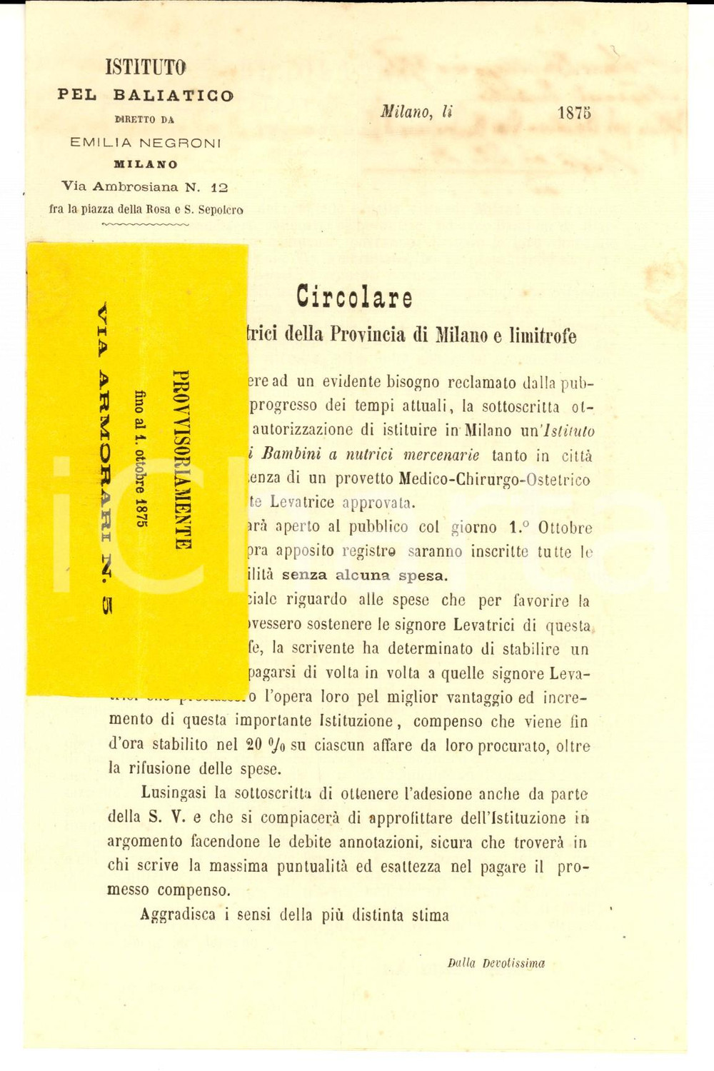 Documento originale, autentico 1875 MILANO Compenso per levatrici nuovo istituto pel baliatico Lettera 1