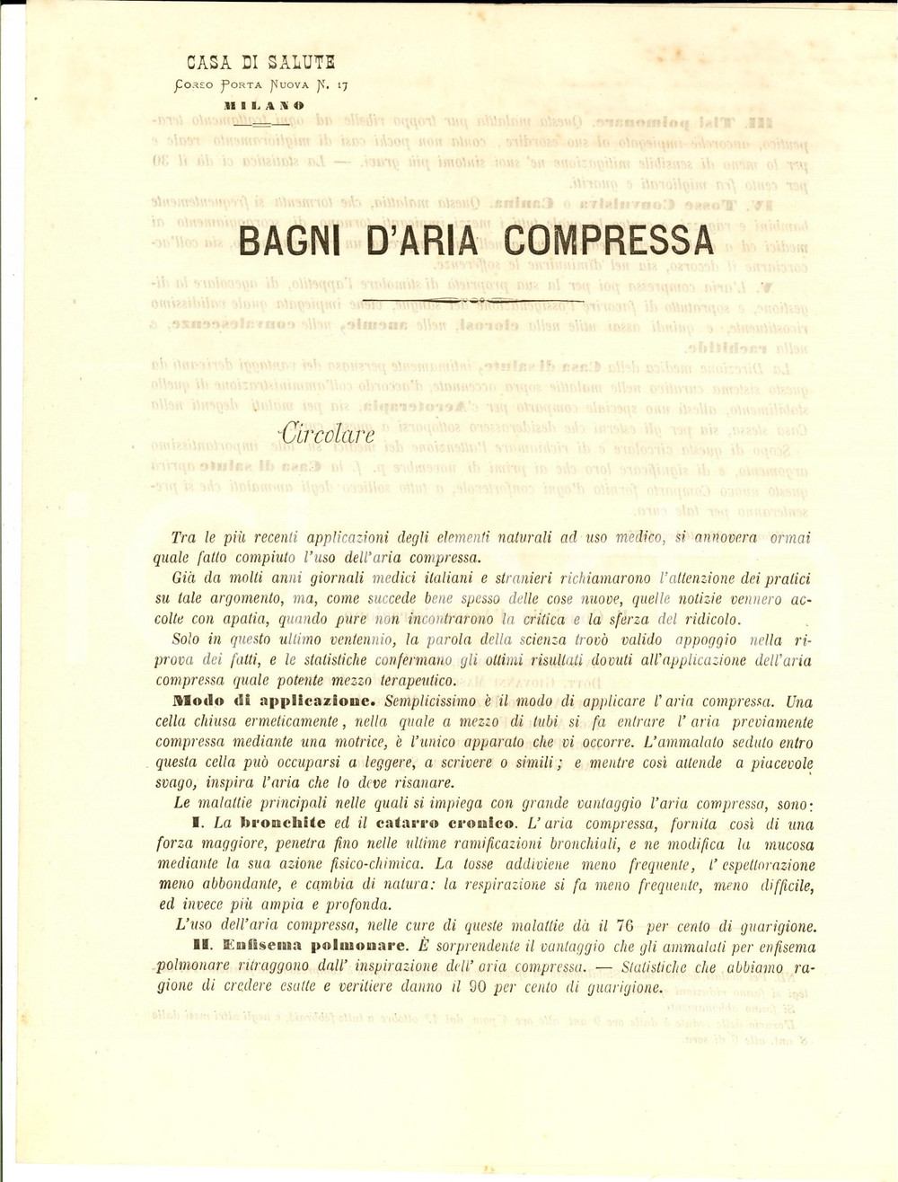 Documento originale, autentico 1875 MILANO Casa di Salute  Bagni d aria compressa e aeroterapia Lettera 1
