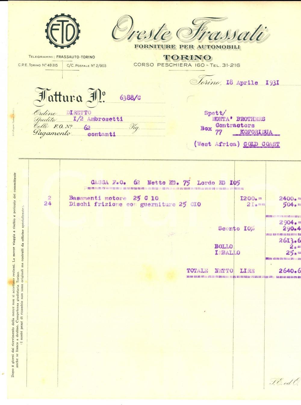 Documento originale, autentico 1931 TORINO Oreste FRASSATI forniture per automobili Fattura intestata 1
