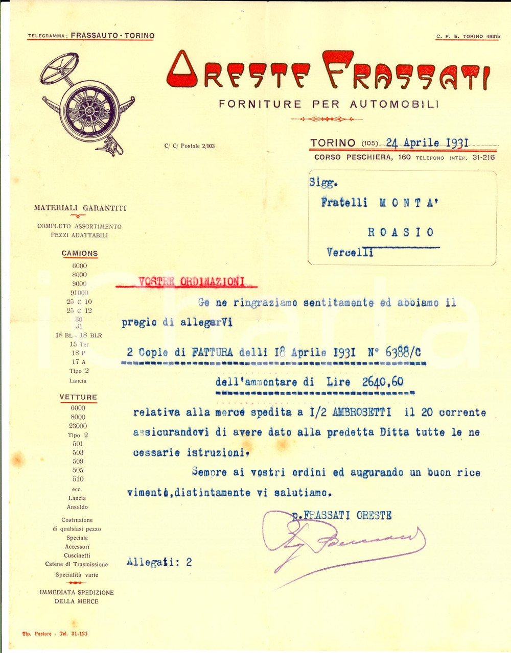 Documento originale, autentico 1931 TORINO Oreste FRASSATI forniture per automobili Lettera su carta intestata 1