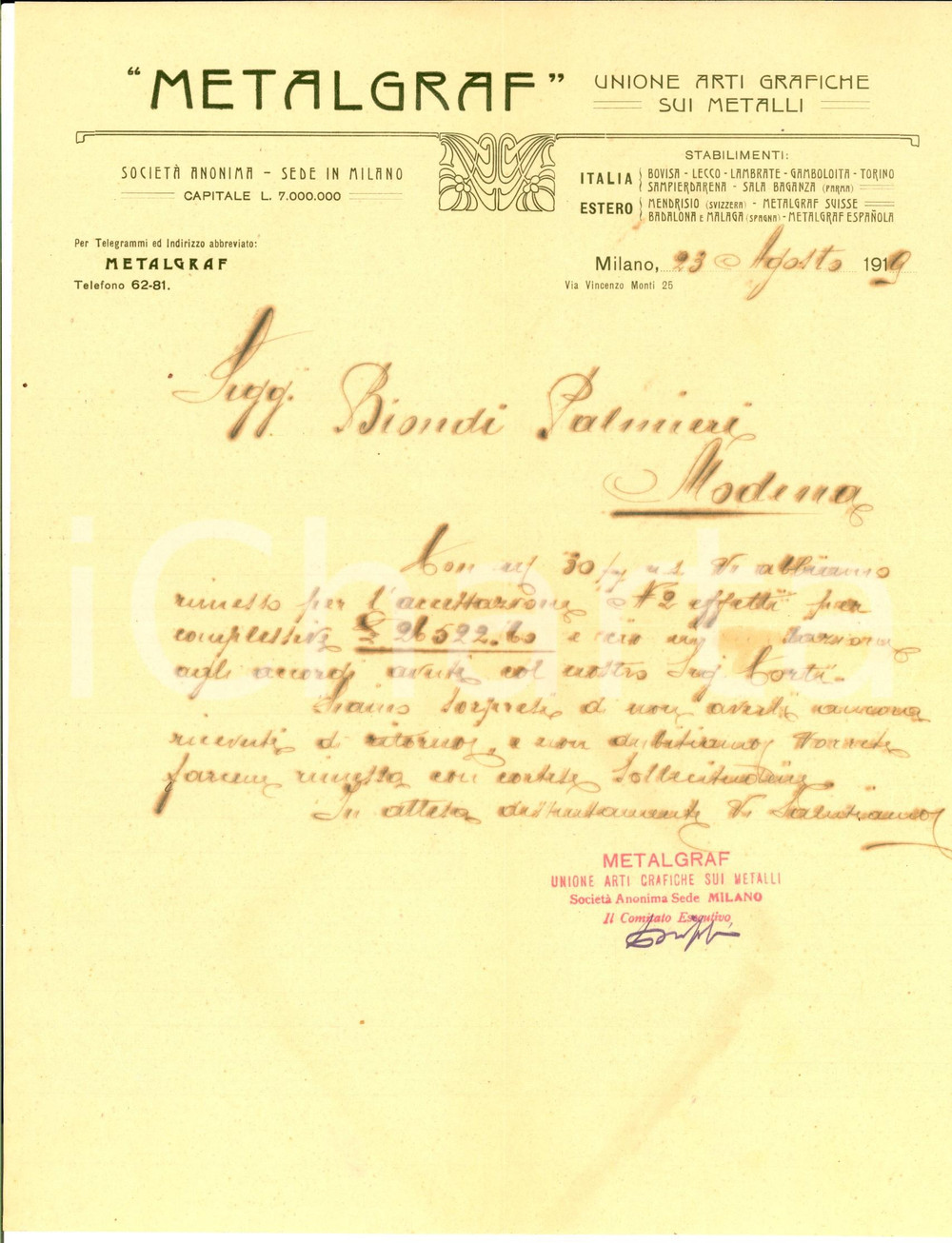 Documento originale, autentico 1919 MILANO via MONTI 25 Lettera METALGRAF Arti Grafiche sui Metalli Intestata 1