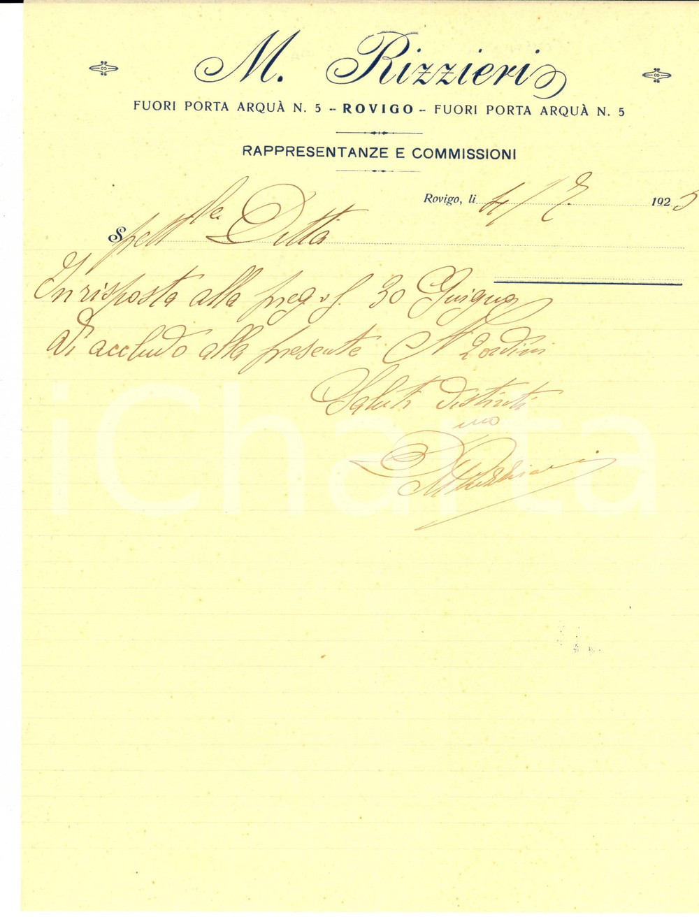 Documento originale, autentico 1925 ROVIGO Lettera ditta RIZZIERI Rappresentanze e commissioni Intestata 1
