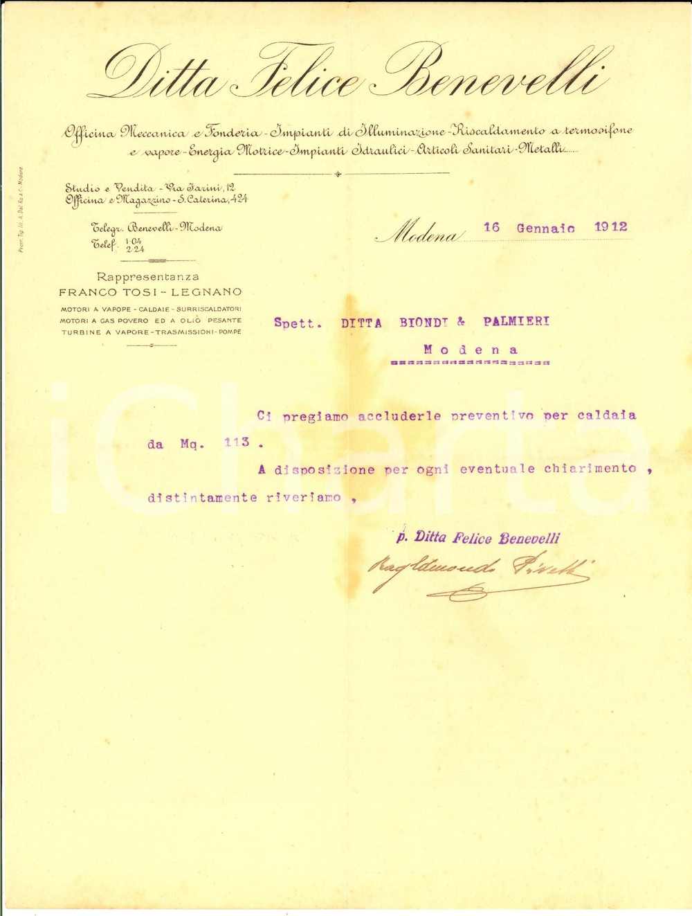 Documento originale, autentico 1912 MODENA Ditta Felice BENEVELLI Lettera per caldaia Intestata 1