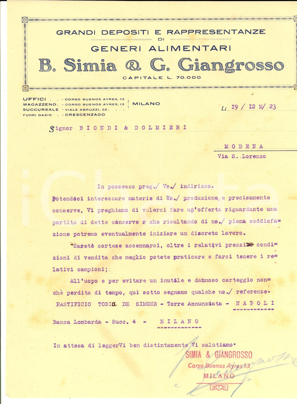 Documento originale, autentico 1923 MODENA Ditta SIMIA e GIANGROSSO Alimentari Lettera per conserve 1