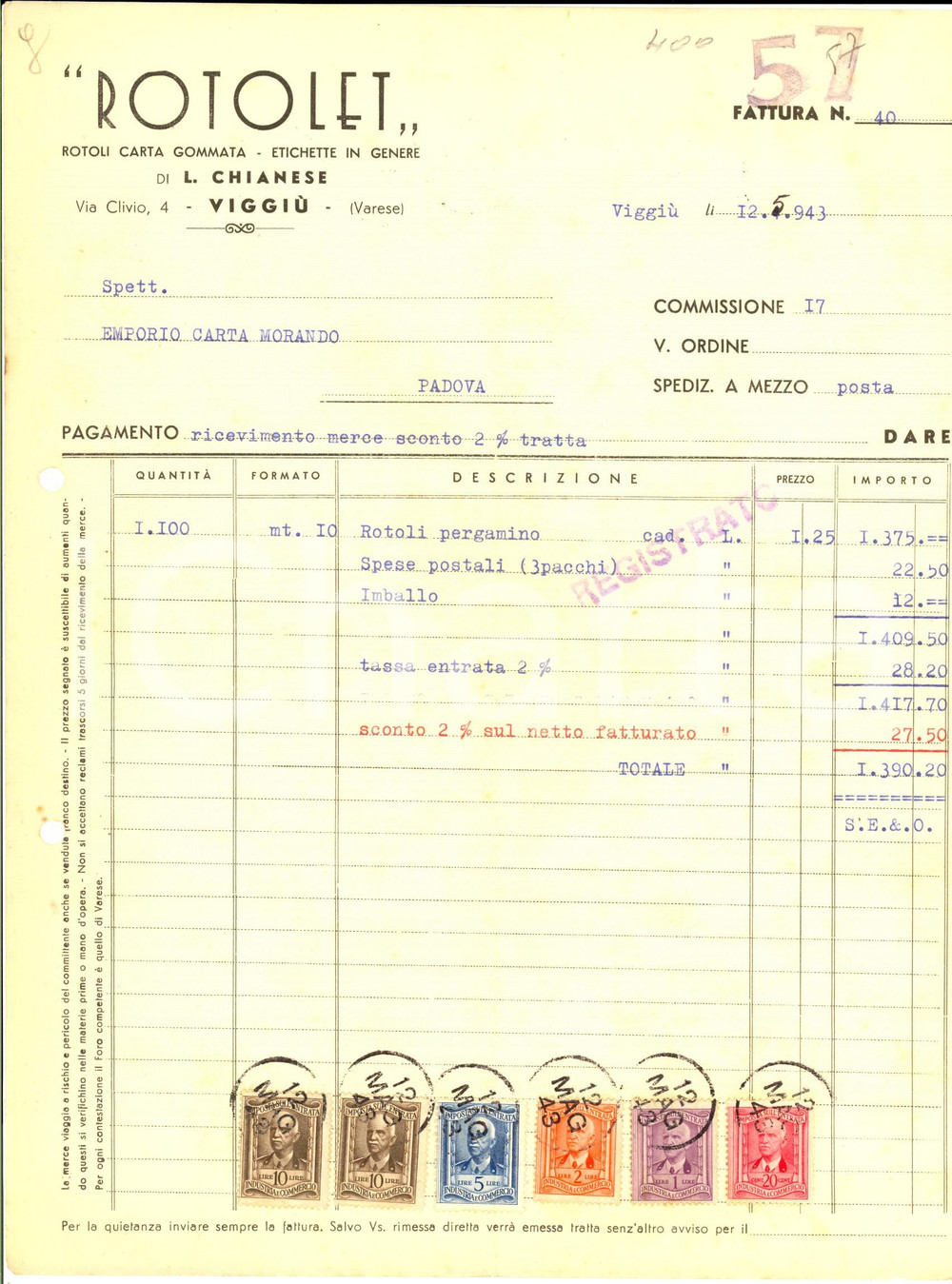 Documento originale, autentico 1943 VIGGIU  VA Ditta ROTOLET Carta gommata ed etichette Fattura intestata 1