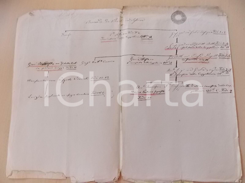 Documento originale, autentico 1840 ca VARESE Albero genealogico famiglia Bernardo DE VINCENZI Manoscritto 1