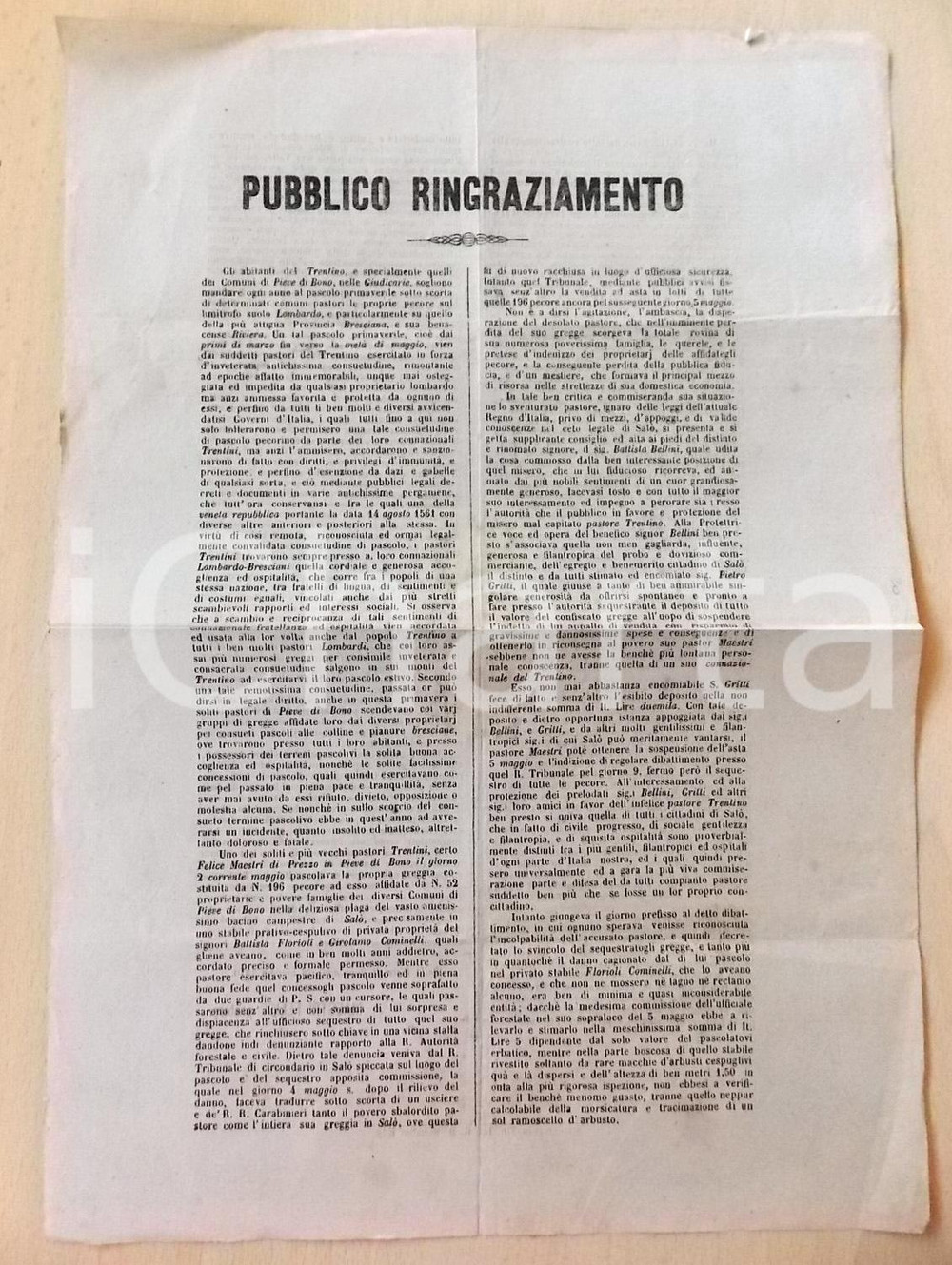Documento originale, autentico 1870 PIEVE DI BONO TN Ringraziamento ai pastori del LOMBARDOVENETO Manifesto 1