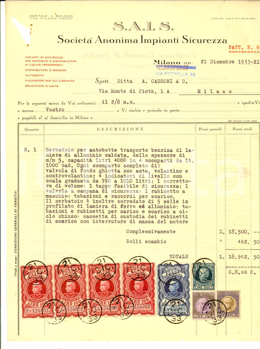 Documento originale, autentico 1933 MILANO SocietÃ  Anonima Impianti Sicurezza Fattura serbatoio autobotte 1