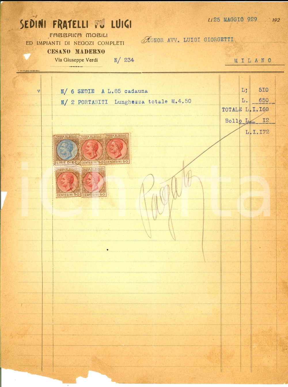1929 CESANO MADERNO (MB) Fratelli SEDINI fu Luigi - Mobili e negozi *Fattura