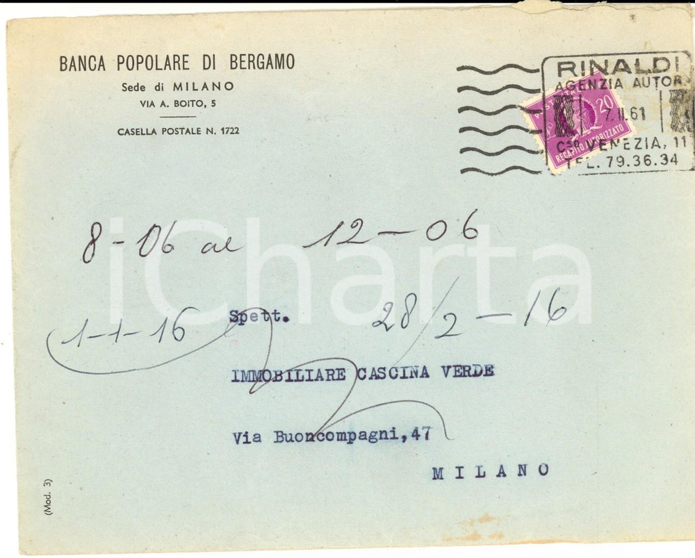Cartolina originale da collezione 1961 STORIA POSTALE REPUBBLICA Busta affrancata L. 20 Recapito autorizzato 1