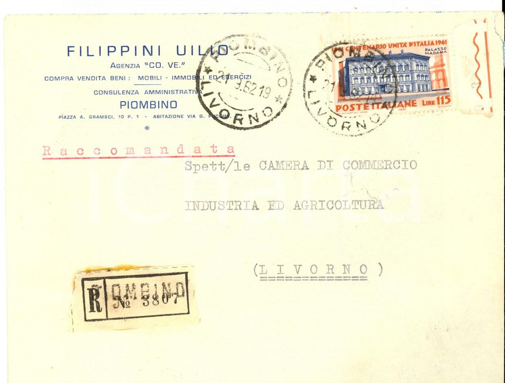 Cartolina originale da collezione 1962 STORIA POSTALE REPUBBLICA Busta L. 115 Centenario UnitÃ  su raccomandata 1