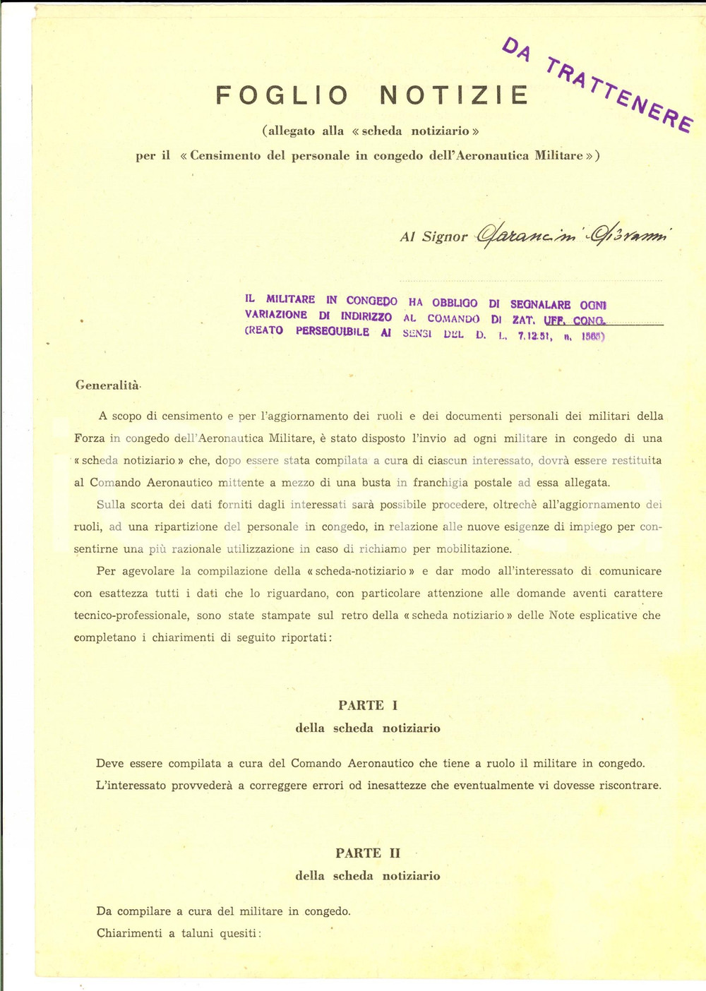 Documento originale, autentico 1950 ca AERONAUTICA MILITARE Modulistica per censimento del personale in congedo 1