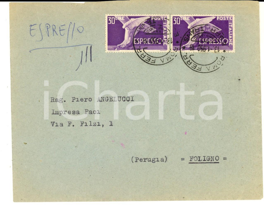 Cartolina originale da collezione 1950 STORIA POSTALE REPUBBLICA Busta affrancatura striscia 30 Lire ESPRESSO 1