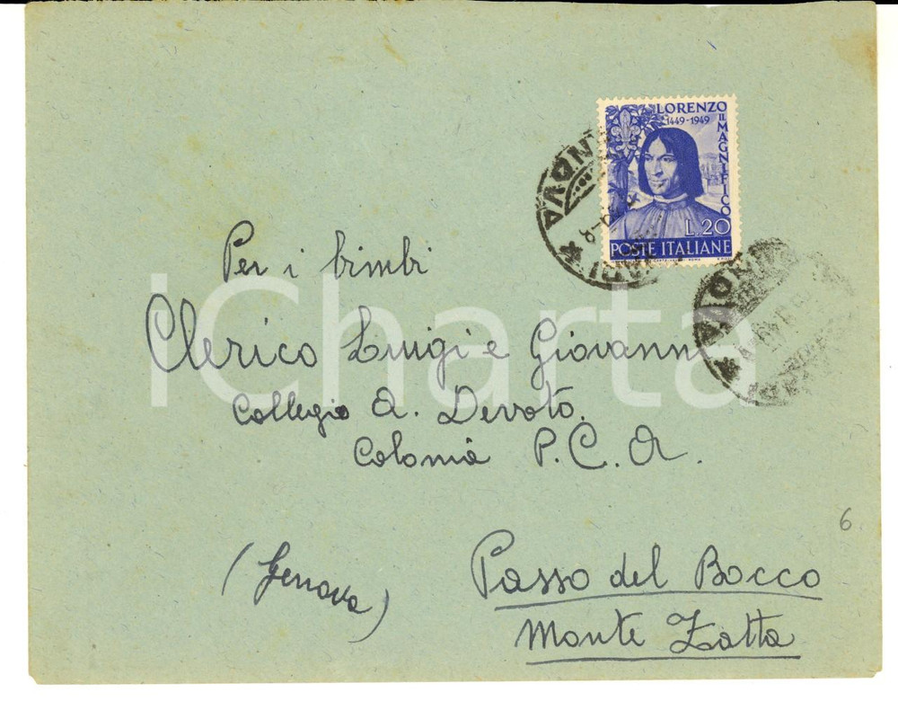 Cartolina originale da collezione 1949 STORIA POSTALE REPUBBLICA Busta affrancatura L. 20 Lorenzo il Magnifico 1