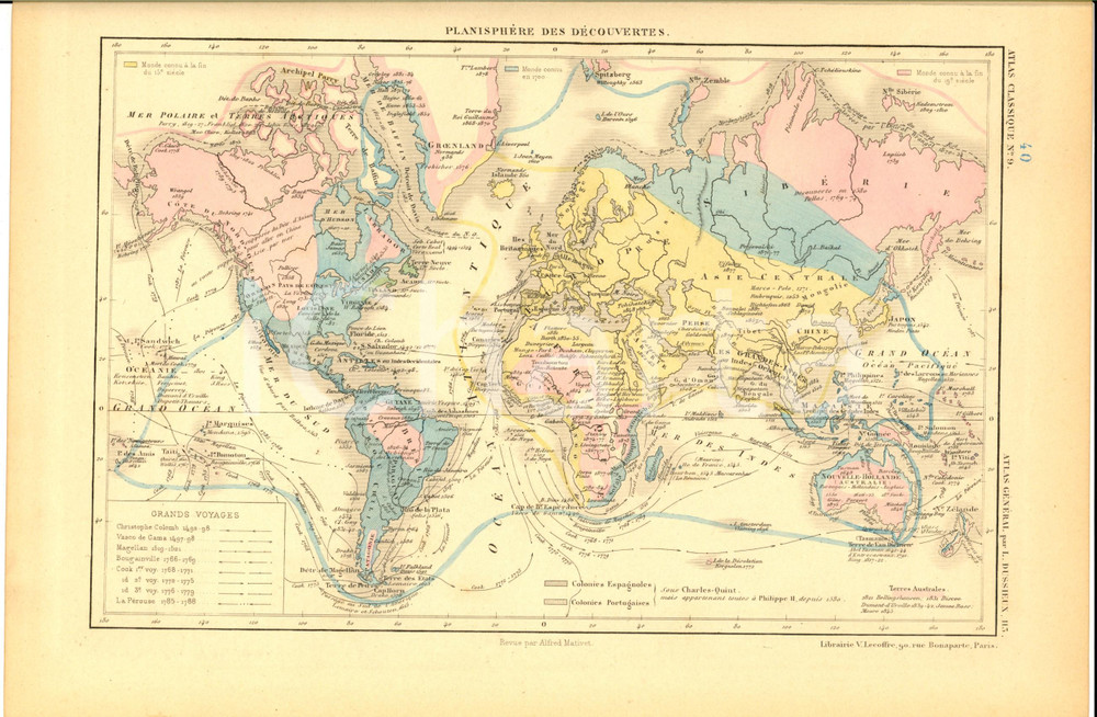 Stampa, bozzetto originale 1875 PARIS M. L. DUSSIEUX Atlas de gÃ©ographie PlanisphÃ¨re des dÃ©couvertes 1