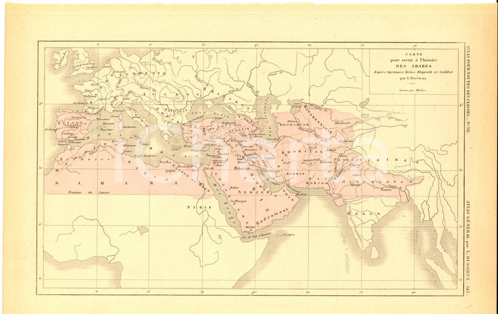Stampa, bozzetto originale 1875 PARIS M. L. DUSSIEUX Atlas de gÃ©ographie Carte histoire des ARABES 1