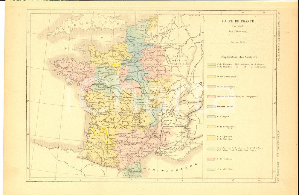 Stampa, bozzetto originale 1875 PARIS M. L. DUSSIEUX Atlas de gÃ©ographie Carte de FRANCE en 1095 1