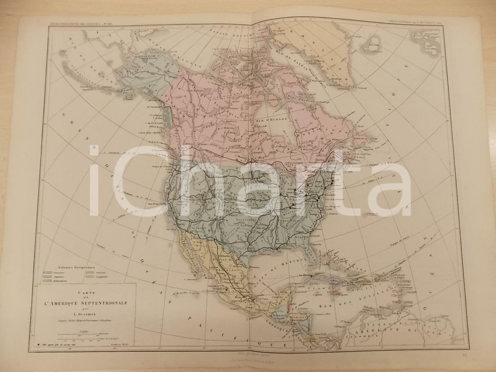 Stampa, bozzetto originale 1875 PARIS DUSSIEUX Atlas de gÃ©ographie Carte AMERIQUE SEPTENTRIONALE 45x33 cm 1