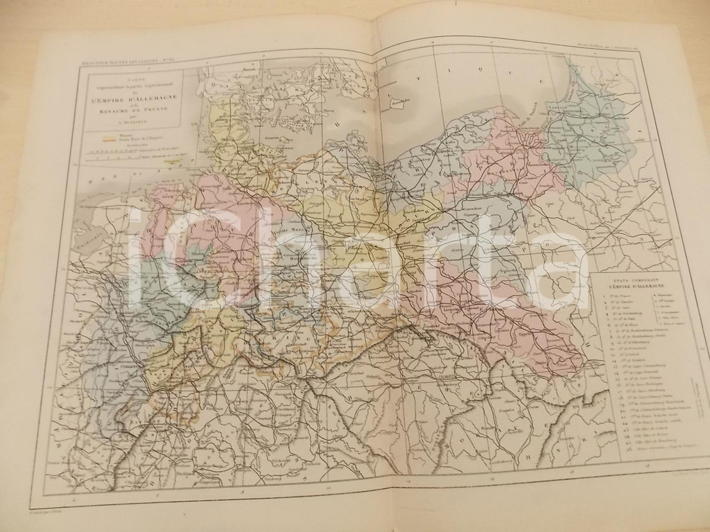Stampa, bozzetto originale 1875 PARIS DUSSIEUX Atlas de gÃ©ographie Carte ALLEMAGNE et PRUSSE 45x33 1