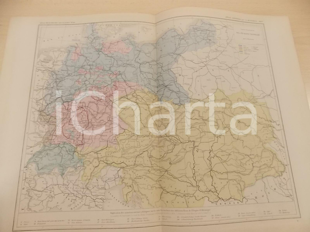 Stampa, bozzetto originale 1875 PARIS DUSSIEUX Atlas de gÃ©ographie Carte EUROPE CENTRALE politique 45x33 1