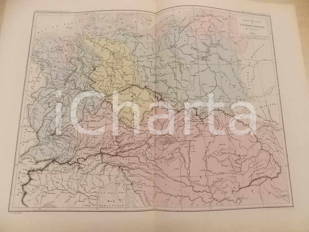 Stampa, bozzetto originale 1875 PARIS DUSSIEUX Atlas de gÃ©ographie Carte EUROPE CENTRALE physique 45x33 1