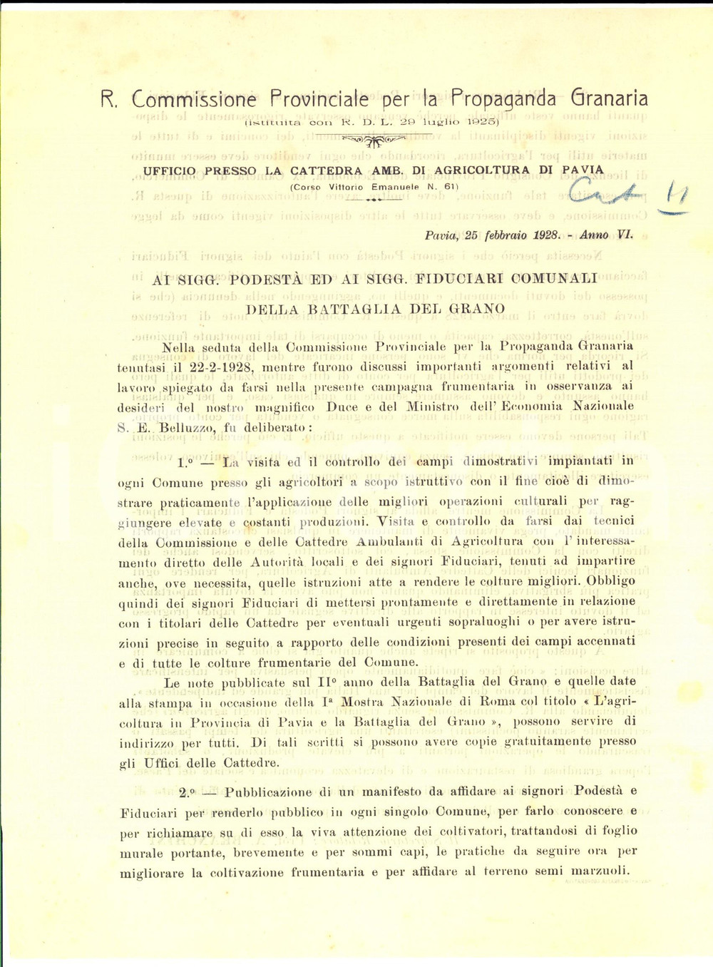 Documento originale, autentico 1928 PAVIA BATTAGLIA DEL GRANO Deliberazioni della Commissione Provinciale 1