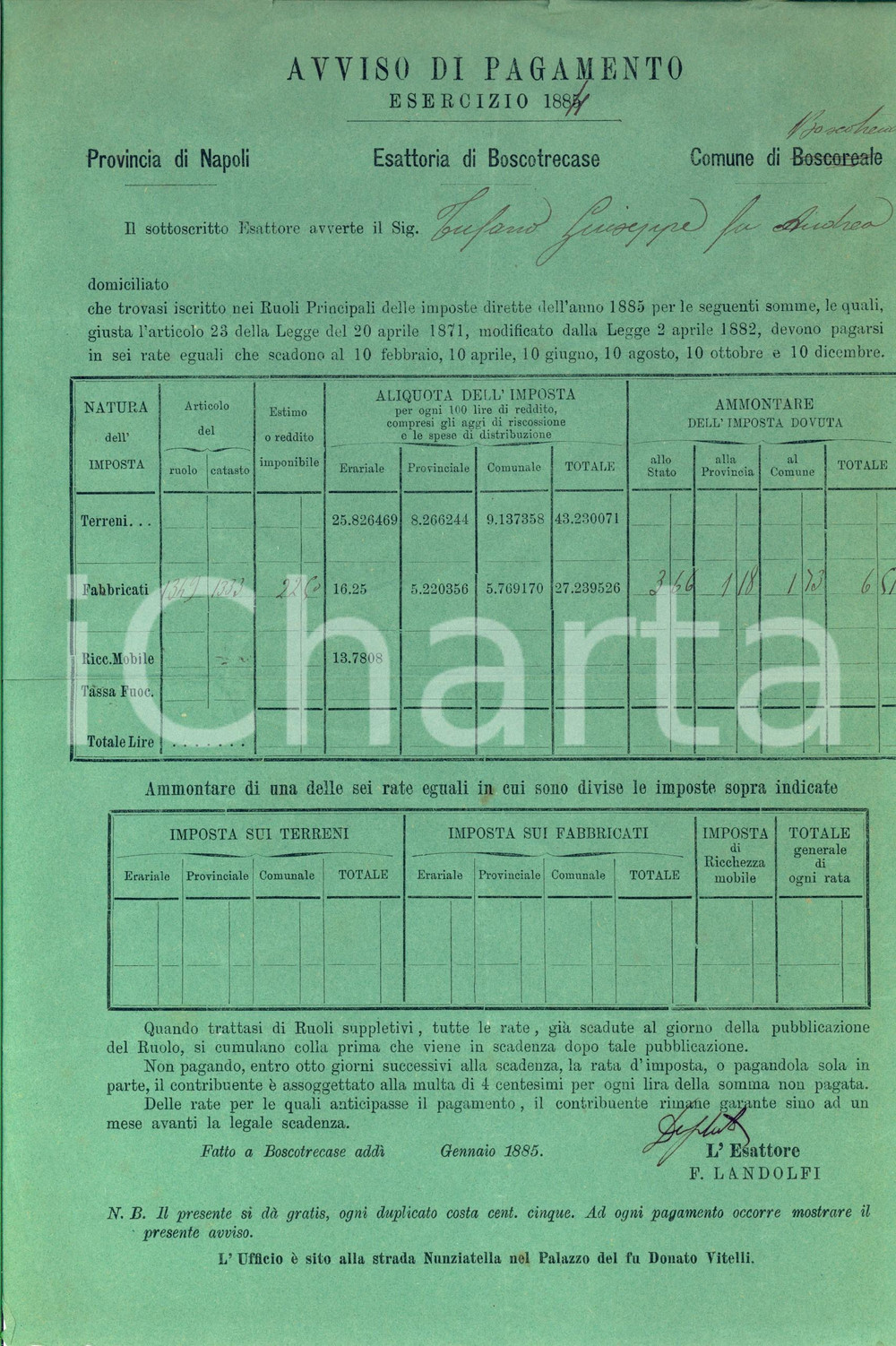 Documento originale, autentico 1885 BOSCOTRECASE NA Avviso pagamento per Giuseppe CUSANO imposta fabbricati 1