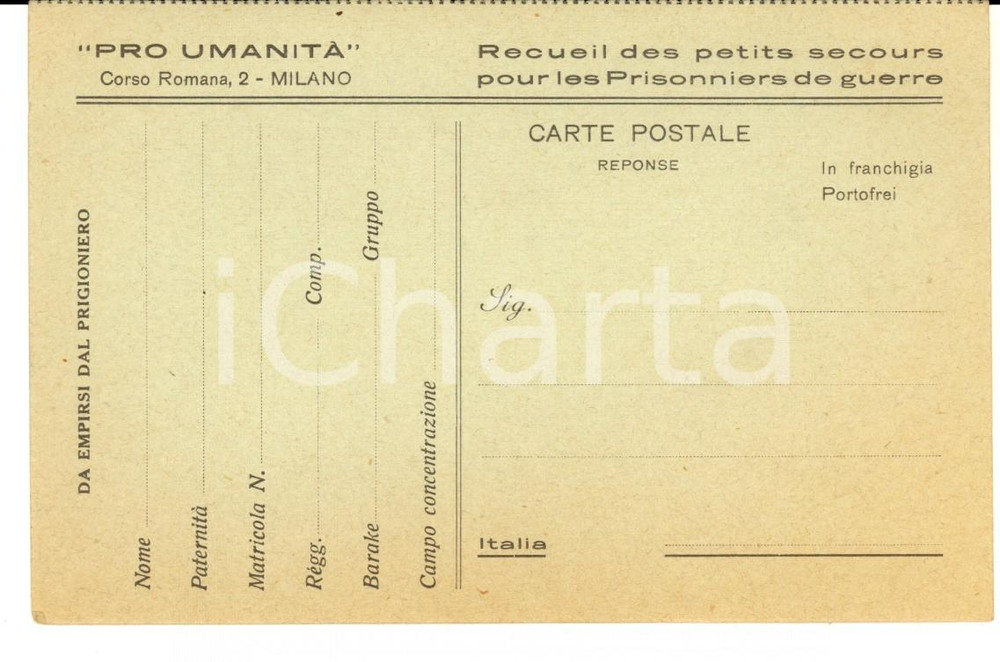 Cartolina originale da collezione 1915 ca WW1 MILANO Cartolina PRO UMANITA  Aiuti ai prigionieri di guerra FG NV 1