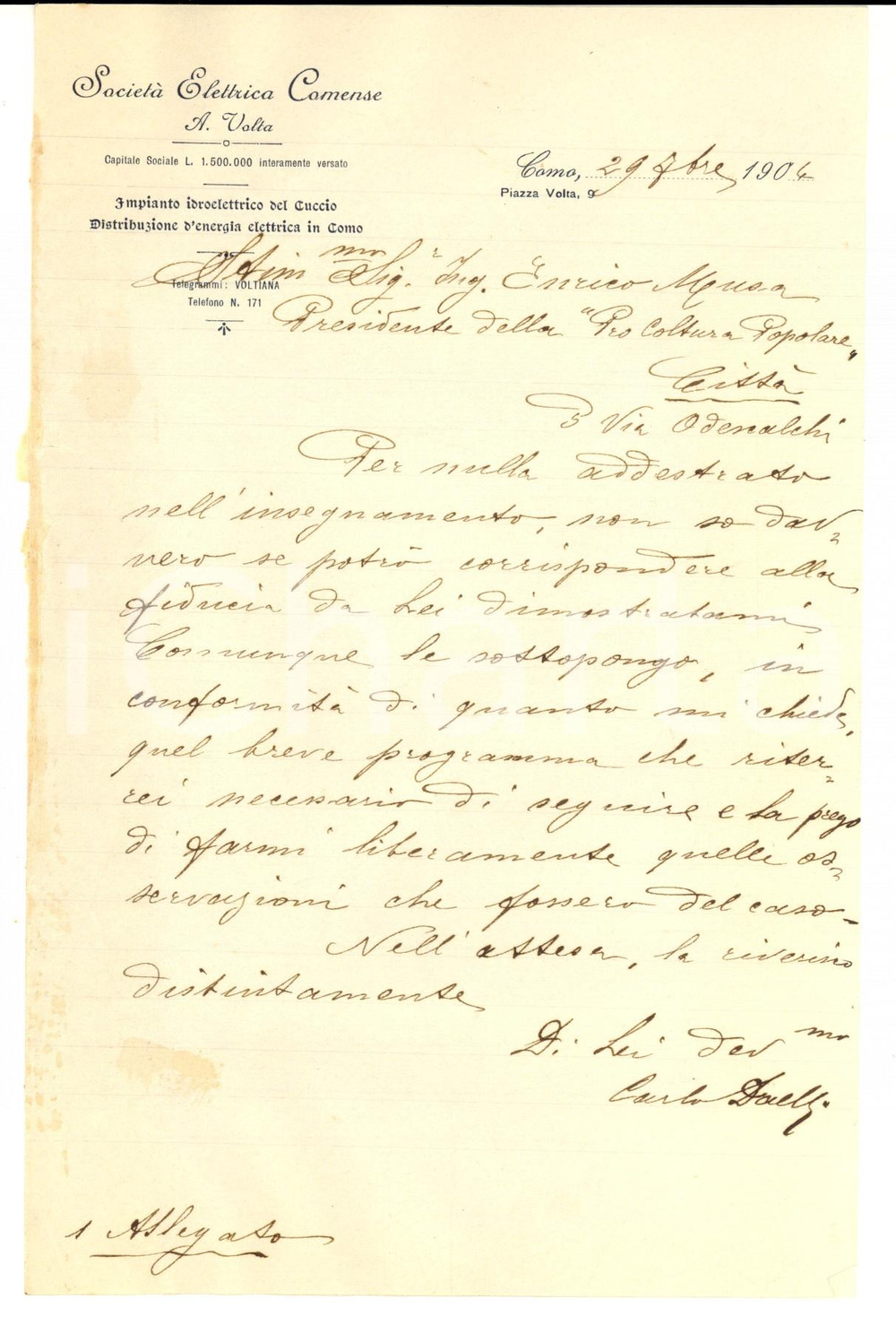 Manoscritto, lettera originale 1904 COMO SocietÃ  Elettrica VOLTA Lettera Carlo DAELLI su possibile insegnamento 1