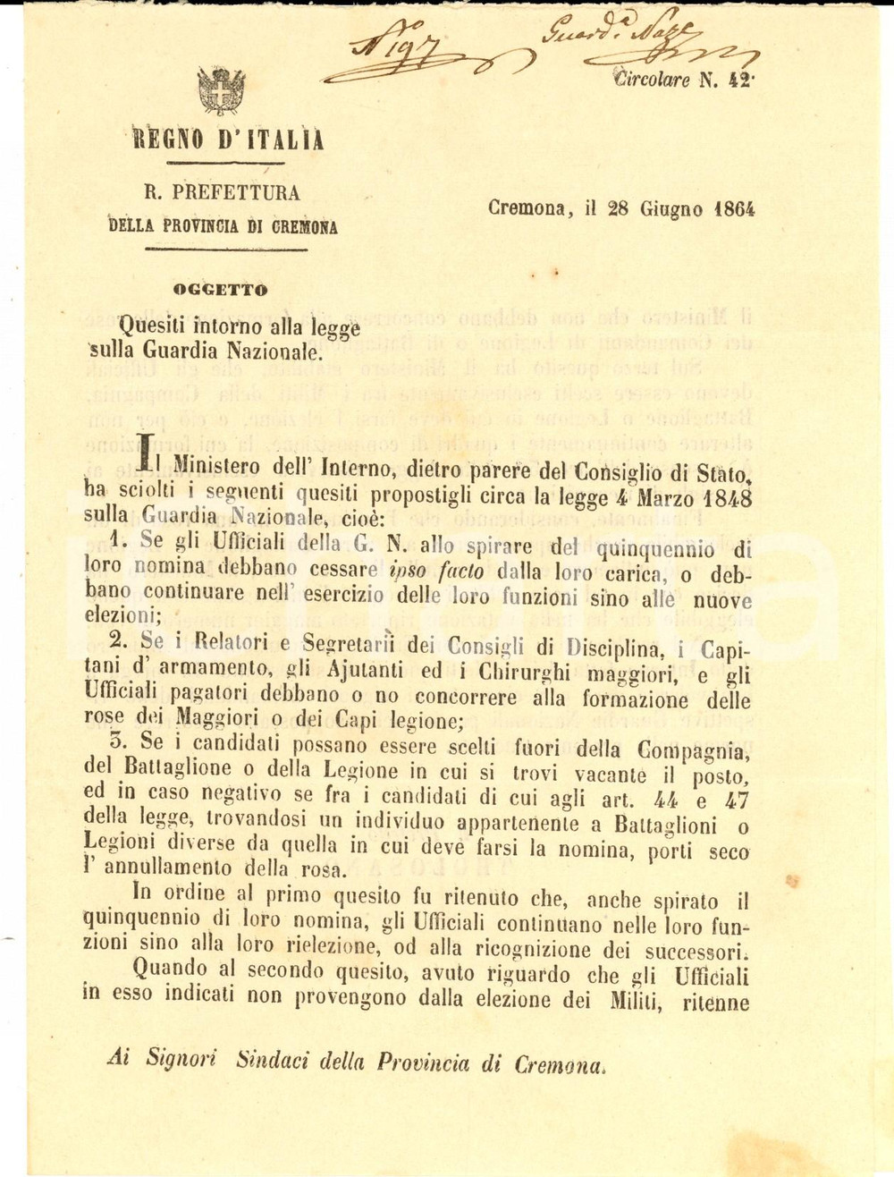 Documento originale, autentico 1864 CREMONA REGNO D ITALIA Quesiti intorno alla legge sulla Guardia Nazionale 1
