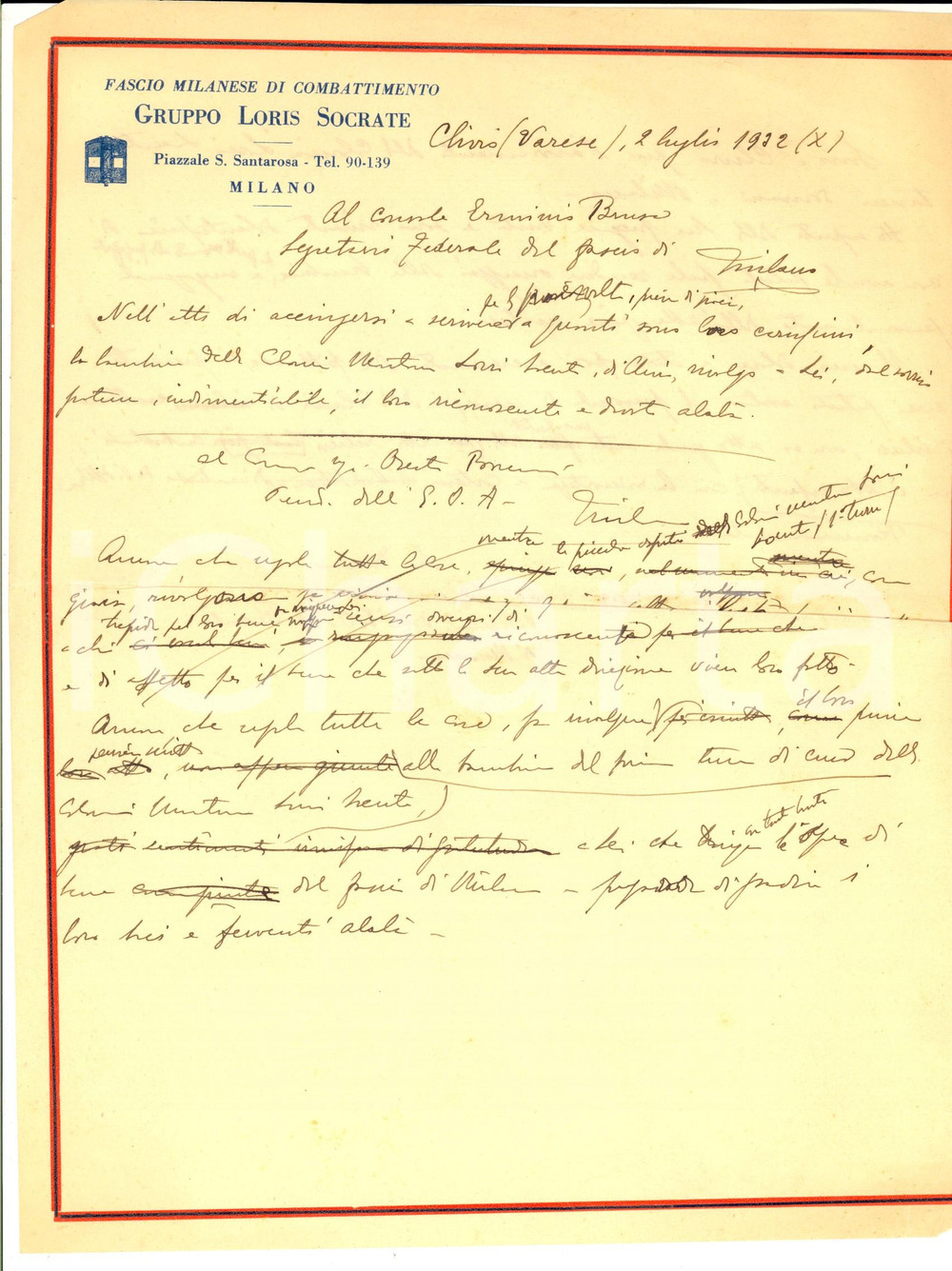 Documento originale, autentico 1932 MILANO PNF Gruppo LORIS SOCRATE Bozza di lettera dal fascio di CLIVIO 1