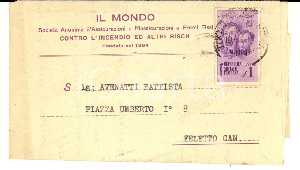 Cartolina originale da collezione 1945 IL MONDO Assicurazioni  Lettera con affrancatura FRATELLI BANDIERA RSI 1