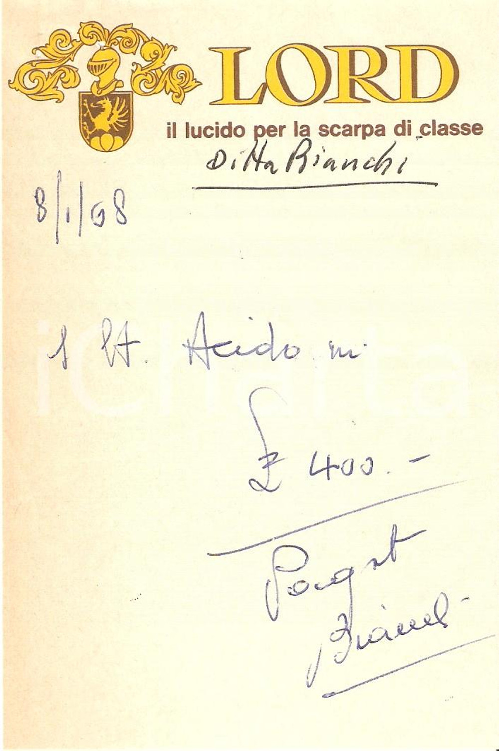 Materiale pubblicitario d’epoca 1965 ca PUBBLICITA  Lucido da scarpe LORD Ricevuta 9x13 cm 1