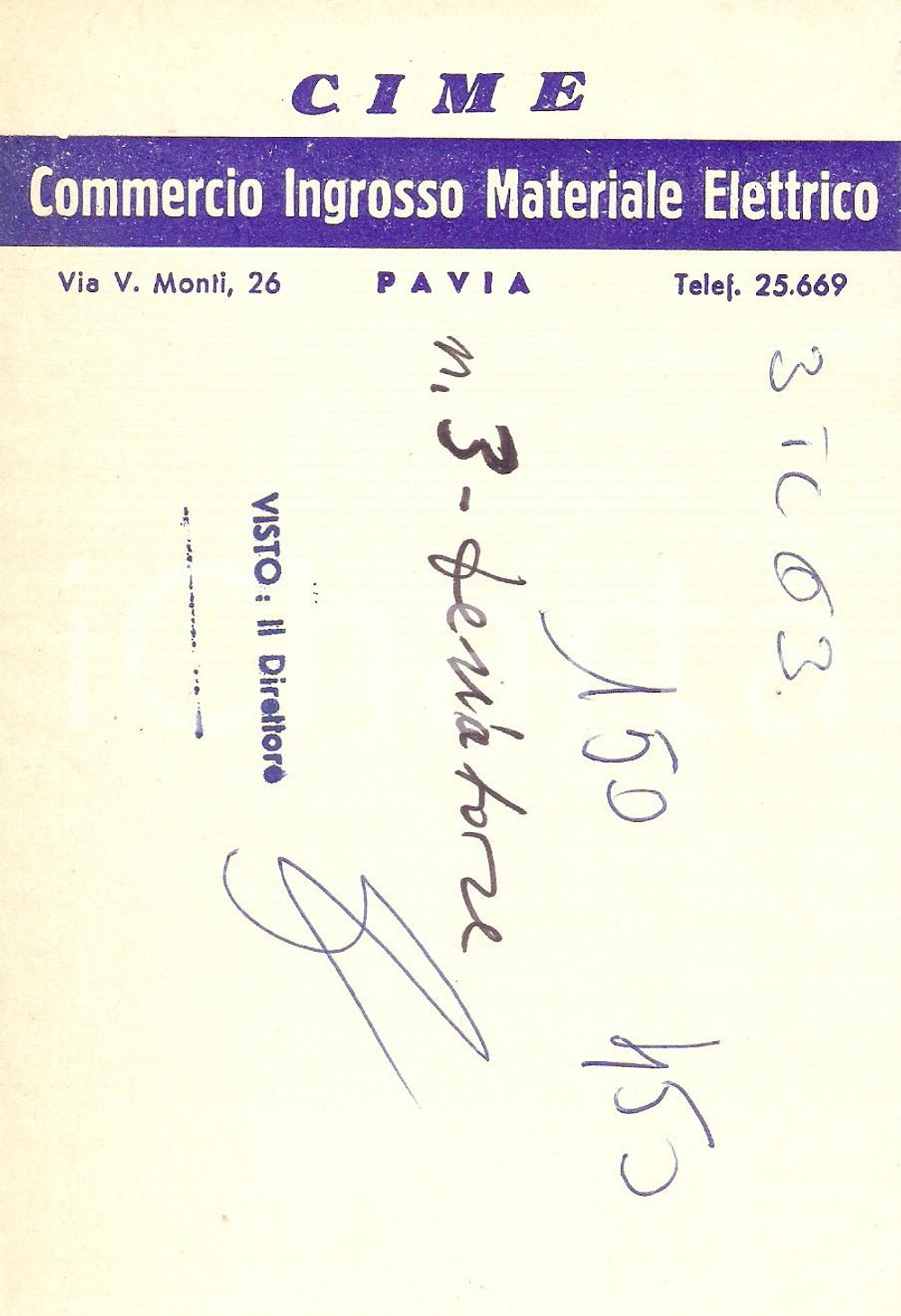 Materiale pubblicitario d’epoca 1963 PAVIA Ditta CIME Commercio Ingrosso Materiale Elettrico Ricevuta 11x16 cm 1