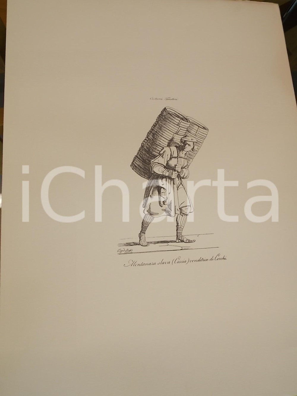 Stampa, bozzetto originale 1950 Eugenio BOSA COSTUMI TRIESTINI Montanara slava venditrice di cerchi Stampa 1