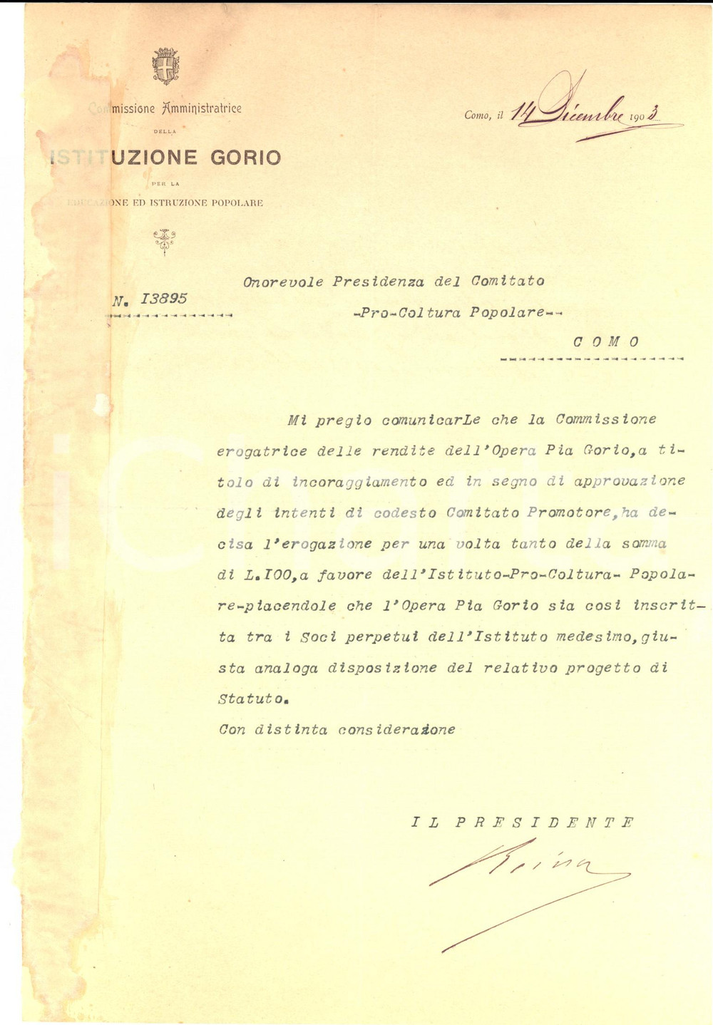 Manoscritto, lettera originale 1903 COMO Contributo dell OPERA PIA GORIO pro istruzione popolare Lettera 1