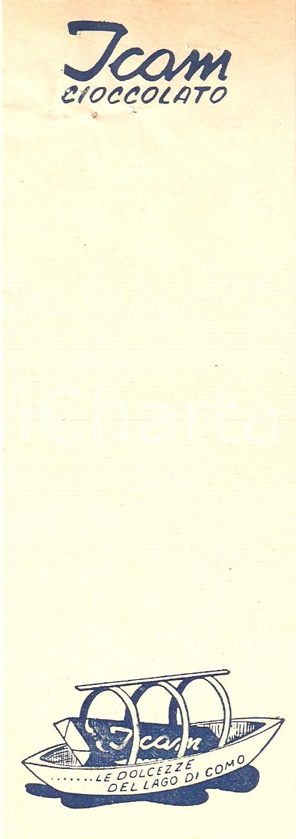 Materiale pubblicitario d’epoca 1964 COMO Cioccolato ICAM Ricevuta ILLUSTRATA 6x17 cm 1