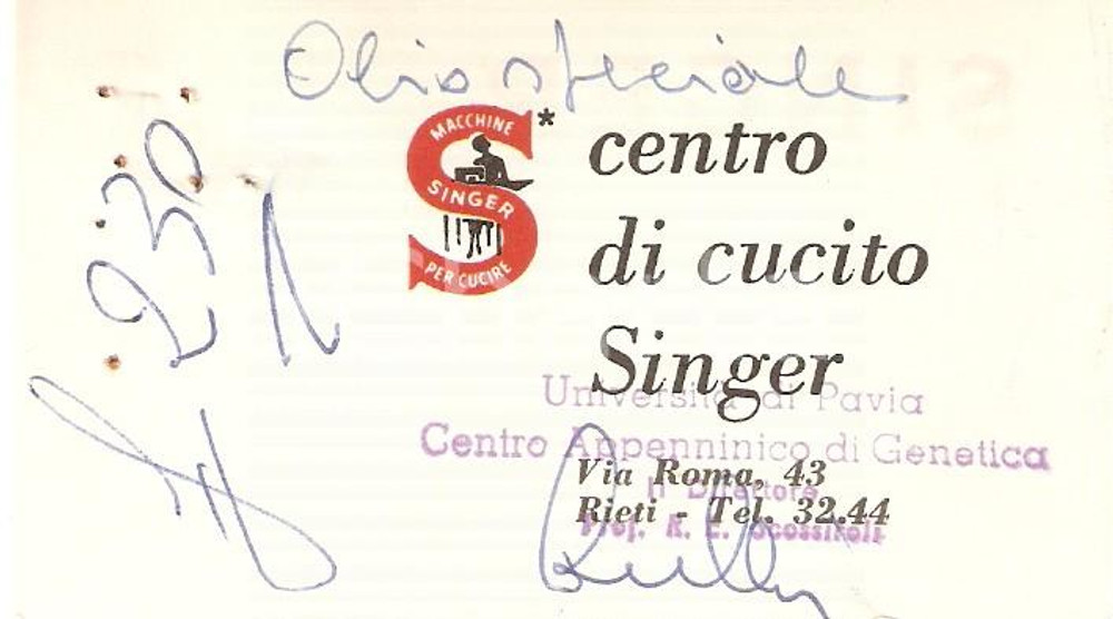 Materiale pubblicitario d’epoca 1965 ca RIETI Centro di cucito SINGER Macchine da cucire Biglietto da visita 9x5 1